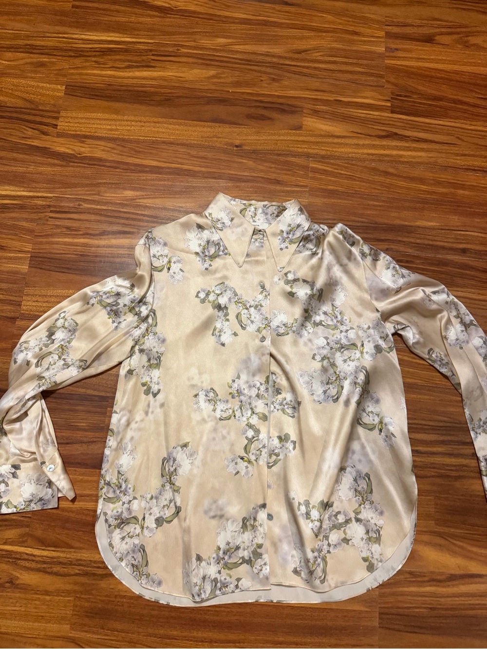 Vince Cream Satin Floral Button-Up Blouse